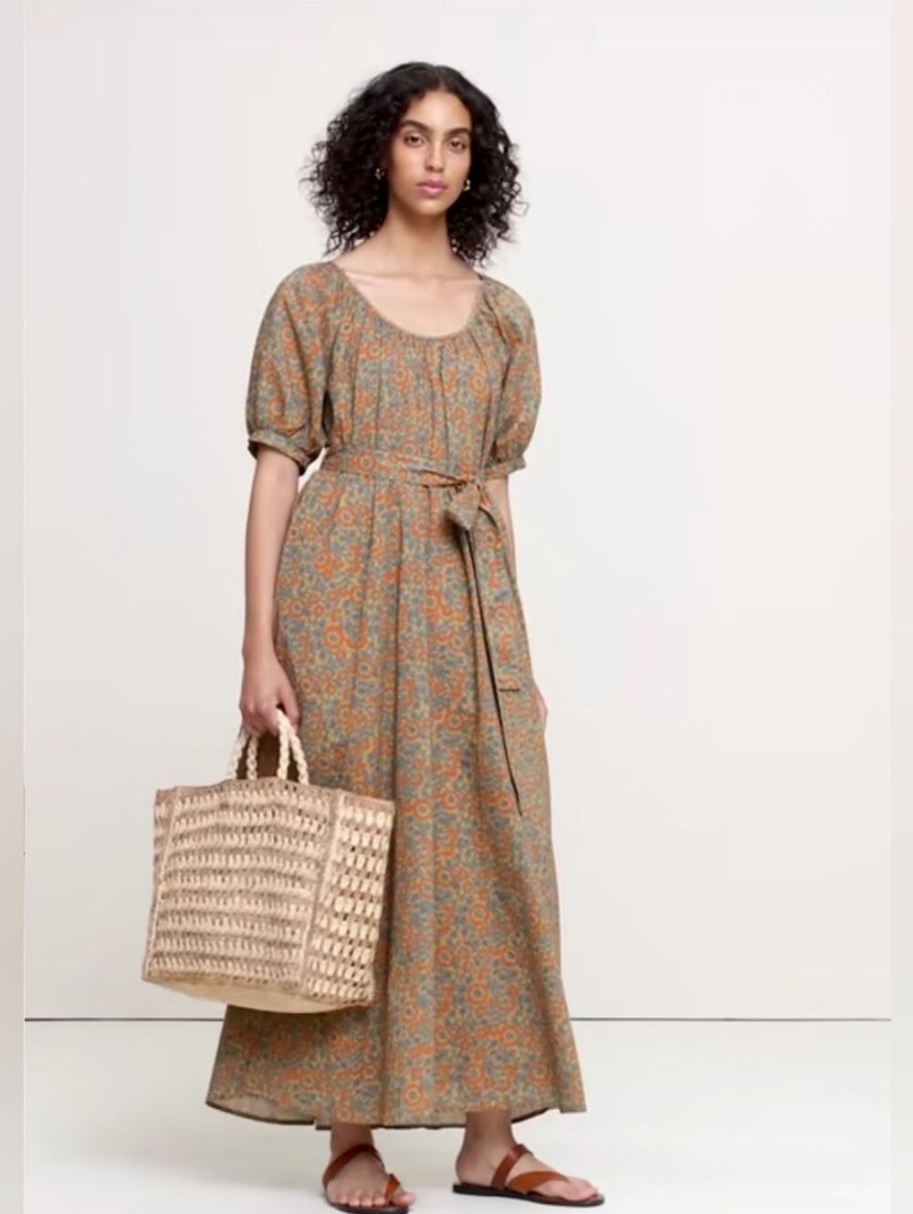 NWT Banana Republic Tan Floral Lightweight Cotton Scoop-Neck Maxi Dress Size L